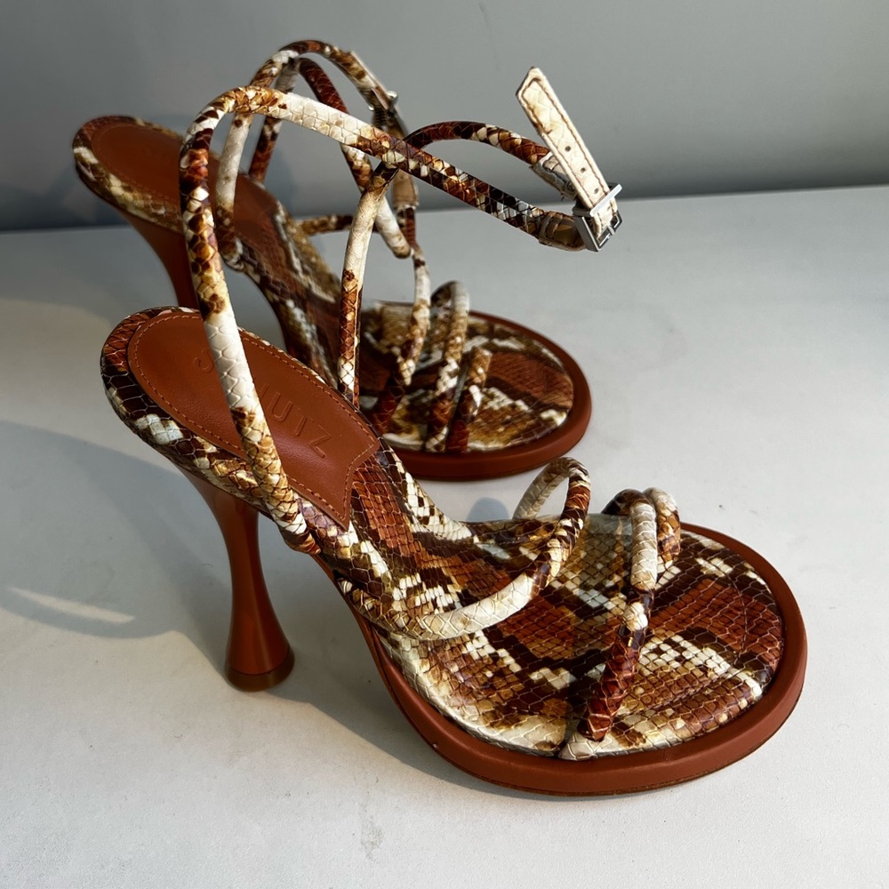 Schutz Jhaz Snake Print Ankle Strap Toe Ring Heel in Caramelo Revolve